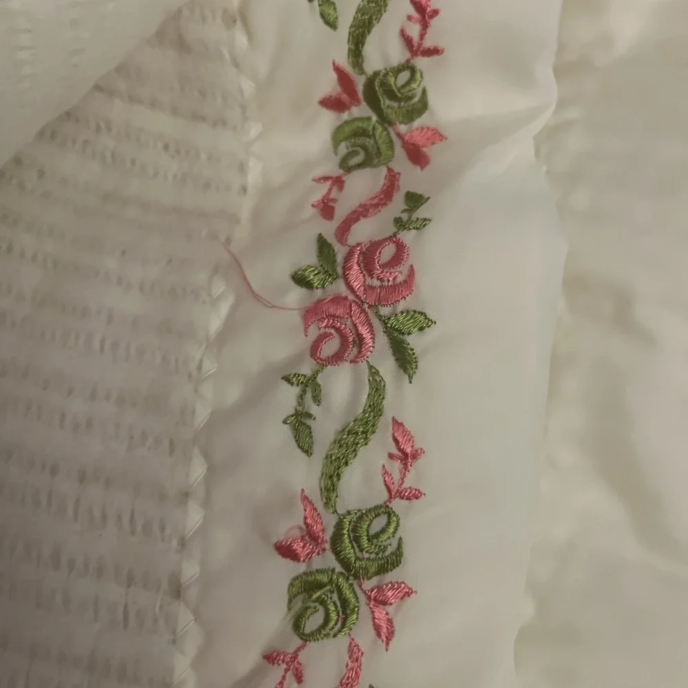 Vtg White Waffle Weave Blanket Embroidered Floral Rose Satin Trim Queen Size